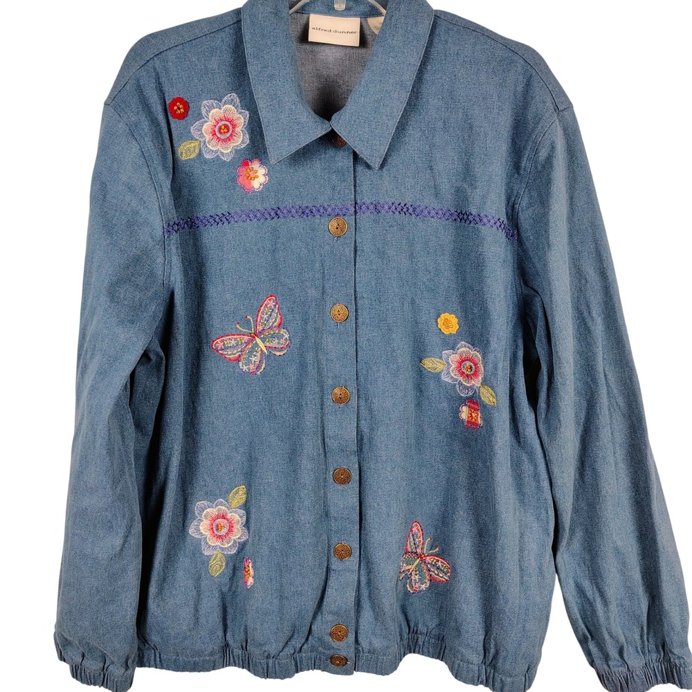 Alfred Dunner Womens SZ 18 Embroidered Butterfly Denim Jacket Blue Cotton Blend